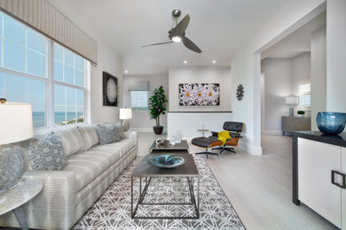 Living room - contemporary gray floor living room idea in Other with white walls