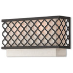 Livex Lighting - Livex Lighting Arabesque English Bronze Light ADA Wall Sconce - Our Arabesque two light wall sconce will add refined style and a hint of mystery to your decor. The oatmeal fabric hardback shade creates a warm illumination, while the light brings to life the intricate English bronze cutout pattern.