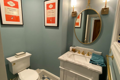 ニューヨークにあるトランジショナルスタイルのおしゃれな浴室 (青い壁、磁器タイルの床、青い床) の写真