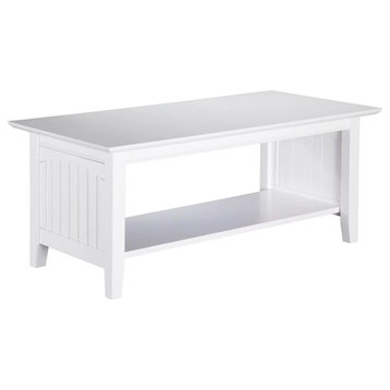 Farmhouse Vintage Coffee Table, Grooved Sides and Bottom Open Shelf, White