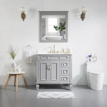 Bathroom Vanity Set with Quartz Top, cUPC Certified Sink, 36" Bath Vanity and 32" Mirror in Titanium Grey