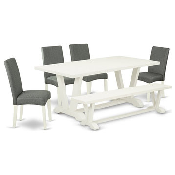 East West Furniture V-Style 6-piece Wood Dining Set in Linen White/Gray Smoke