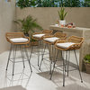 Candance Outdoor Wicker Barstools With Cushions, Set of 4, Light Brown, Black, Beige