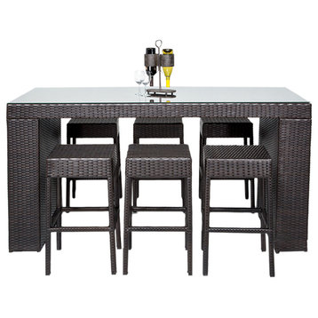 Belle Bar Table Set,Backless Barstools 7 Piece Wicker Patio Furniture Espresso