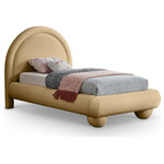 Meridian Furniture - Madrid Upholstered Bed, Camel, Twin, Velvet - Transform your bedroom with the bold and sophisticated charm of the Madrid camel velvet upholstered twin bed. Inspired by classic Art Deco design, this bed showcases a striking arched headboard and rounded edges for a unique, sculptural look. The luxurious velvet upholstery adds a layer of softness and warmth, making it a stunning centerpiece that combines artful design with everyday comfort.