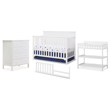 4 Pieces Bedroom Set, Convertible Crib/Bed, Changing Table & Dresser, White