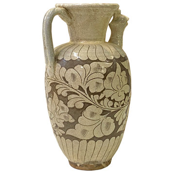 Chinese Cizhou Ware Ceramic Tan Underglaze Flower Bird Vase Jar Hws2942