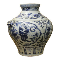 Chinese Blue White Porcelain People Scenery Fat Body Vase Jar - Vases