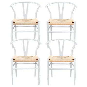 Set of 4 Dining Chair, Knitted Seat & Unique Curved Open Back, White