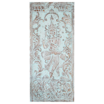 Consigned Fluting Krishna Carving, Turquoise Barn Door, Vintage Sliding Door