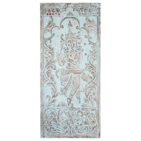 Consigned Fluting Krishna Wall Carving Turquoise Vintage Wood Sliding Barn Door