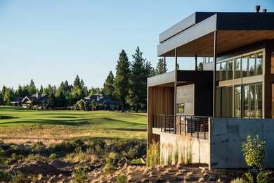 Large contemporary two-storey grey house exterior in Other with mixed siding and a flat roof.