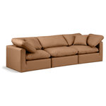 Meridian Furniture - Indulge Upholstered Modular Sofa, Cognac, 3-Piece: 1 Armless Chair, 2 Corner Chair, Fiber Stuffed Vegan Leather - Experience ultimate comfort and style with our cognac vegan leather Indulge Sofa. The luxurious vegan leather will elevate the aesthetic of any room. This sofa provides ample space for you to relax while its modular build offers the option of unlimited configurations. Whether you're looking to add a stylish element to your living room or a comfortable seating option to your bedroom, this sofa is the perfect choice.