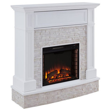 Bowery Hill Faux Stone Electric Fireplace TV Stand in White Finish