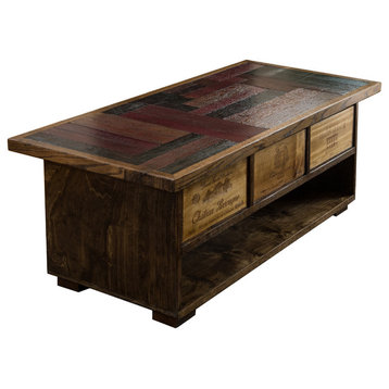 Wine Barrel Coffee Table With Vintage Wine Crate Drawers