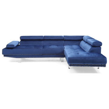 Derek 109" W 2 Piece Velvet L Shape Sectional Sofa, Navy Blue