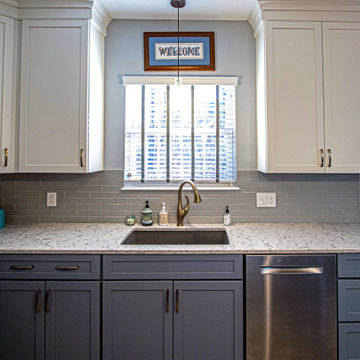 Two Tone Medallion White and Blue Kitchen with Gray Backsplash