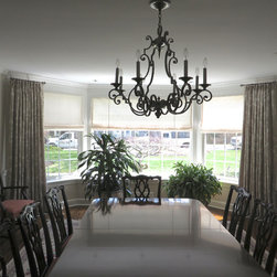 Embroidered Linen Euro Pleated Drapery Panels Over Roman Shades - Products