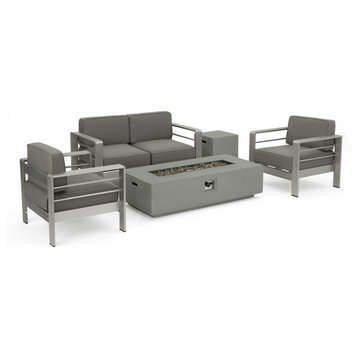 Coral Bay Outdoor Aluminum Khaki Chat Set With Fire Table, Light Gray