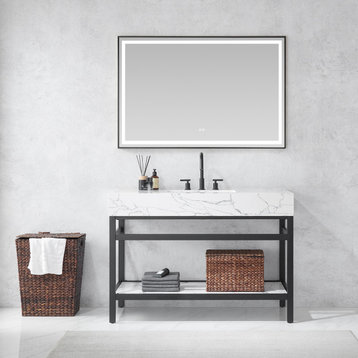 Ecija Bath Vanity, Metal Support with Stone Top, Matte Black, 48 in., With Mirror