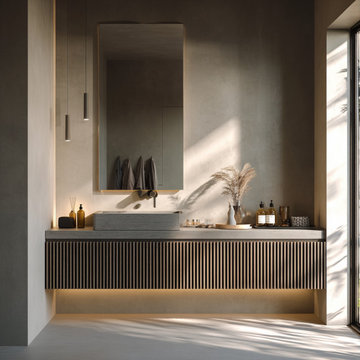 Fluted Gray Oak Floating Vanity – Contemporary Wall Hung Bathroom Cabinet