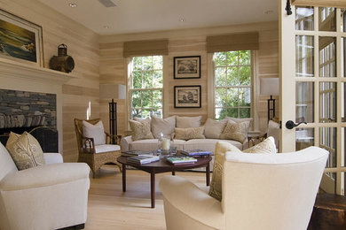 Living room - mid-sized rustic formal and enclosed light wood floor and beige floor living room idea in Other with beige walls, a standard fireplace, a stone fireplace and no tv