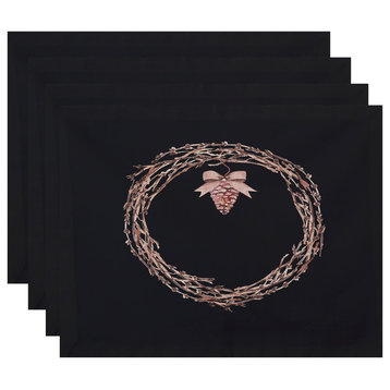 Natural Wreath 18"x14" Black Holiday Print Placemat, Set of 4