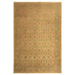 Bareens Designer Rugs - Antique Vegetable Dyed Shea Tan/Green Wool Rug - 10'2'' x 14'3'' - Designed with mesmerizing intricacy and gorgeous color palette, this hand-knotted masterpiece demonstrates the beauty and electrifying thrill of Pak Persian art. These meticulously hand-knotted Pak-Persian rug is made with pure wool and features breathtaking traditional, transitional, and tribal designs in bold luxurious color pallets. Known for their intricate designs these rugs are a reproduction of Persian rugs, made in Pakistan with unique Mughal designs. Made by master weavers using the same Persian texture, design and dying technique, we wanted to produce the most significant manifestation of Persian art, life, and culture. This rug is most famous for its exceptional quality, incredible designs, patterns, and vibrant rich color. Pak-Persian rugs made with Persian weave with high knot counts, which enables the high intricacy and detail found in the patterns are also referred to as "State of art", each color adds a rich beautiful detail in the artwork of this rug. The design, color, and beautiful chromatic composition with a vibrant sheen with intricate designs, exude beauty, elegance, and quality make this rug a masterpiece of its own.