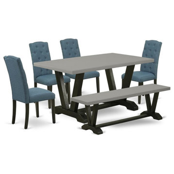 East West Furniture V-Style 6-Piece Wooden Dining Set in Blue/Cement/Black