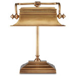 Currey & Company - Malvasia Brass Desk Lamp - You�ll need to look closely at the Malvasia Brass Desk Lamp to appreciate its unexpected details that include a classic fluted shade with knob-like fittings, dentil work and a playful hand clasping the tube that affixes the shade to the stem-like body. Included in our Bunny Williams Collection, this gold lamp exudes warmth thanks to the vintage brass finish.