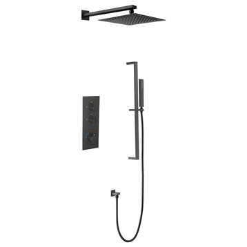 Thermostatic Rain Shower System with Hand Shower-Includes Rough-in Valve, Matte Black