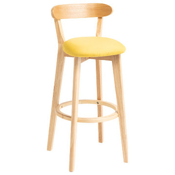 Minimalistic Nordic-Styled Bar Stool With Backrest, Solid Wood, Yellow, Linen