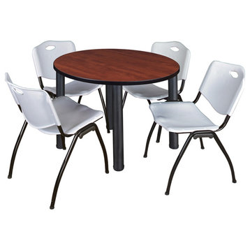 Kee 42 Round Breakroom Table- Cherry/ Black & 4 'M' Stack Chairs- Grey