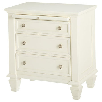 Coastal Nightstand, 3 Storage Drawers and Slide Out Tray With Metal Knobs, White