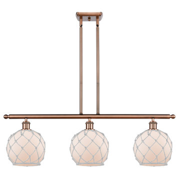 Farmhouse Rope 3-Light Island-Light, Antique Copper, White Glass With White Rope