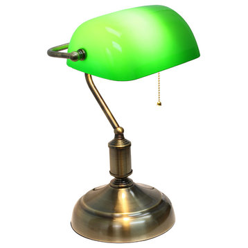 Simple Designs Executive Banker's Desk Lamp, Glass Shade, Green, Antique Nickel