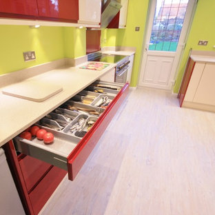 Large eclectic kitchen pantry inspiration - Kitchen pantry - large eclectic kitchen pantry idea in Essex with an integrated sink, flat-panel cabinets, red backsplash, glass sheet backsplash, stainless steel appliances and no island