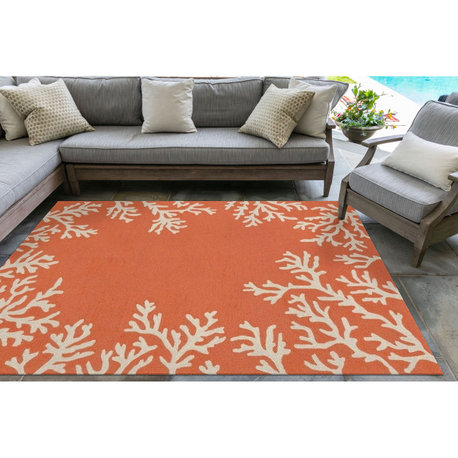 Capri Coral Border Indoor/Outdoor Rug, Coral, 5'x7'6"