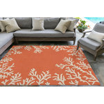 Liora Manne - Capri Coral Border Indoor/Outdoor Rug, Coral, 5'x7'6" - This hand-hooked area rug features a vibrant coral orange background with a white coral motif border. A classic, subtle tropical motif, this rug will effortlessly compliment any space inside or outside your home. Made in China from a polyester acrylic blend, the Capri Collection is hand tufted to create bright multi-toned detailed designs with a high-quality finish. The material is flatwoven, weather resistant and treated for added fade resistant making this the perfect rug for indoor or outdoor placement. This soft, durable piece is ideal for your patio, sunroom and those high traffic areas such as your entryway, kitchen, dining room and living room. A fresh take on nautical style, these area rugs range in style from coastal to tropical motifs that beautifully accent your home decor. Limiting exposure to rain, moisture and direct sun will prolong rug life.