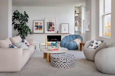 Example of a mid-sized minimalist formal and enclosed beige floor and light wood floor living room design in Denver with white walls and a standard fireplace
