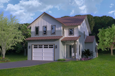 Mid-sized transitional green two-story mixed siding and board and batten exterior home photo in Tampa with a metal roof and a brown roof