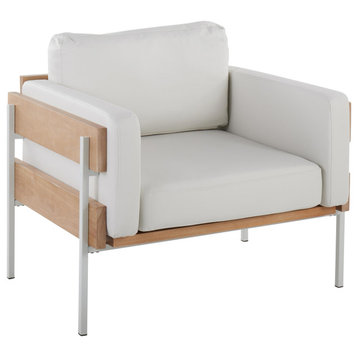 Kari Accent Chair, White Metal, Natural Wood, White PU