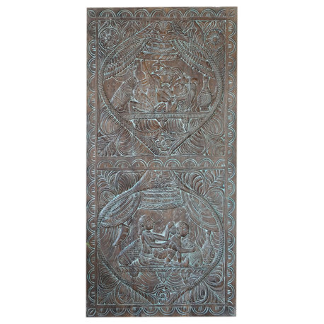 Consigned Artisan Carved Wood Panel Wall Art Kamasutra Sliding Barn Door 72