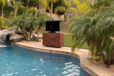 Imagen de piscina elevada clásica renovada de tamaño medio rectangular en patio trasero con paisajismo de piscina