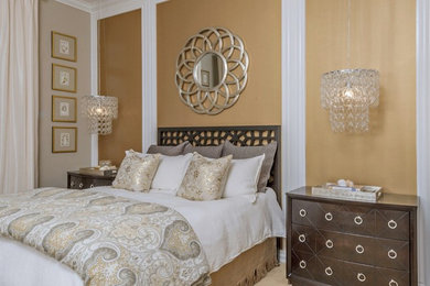 Transitional master bedroom in San Diego with beige walls, carpet and beige floor.