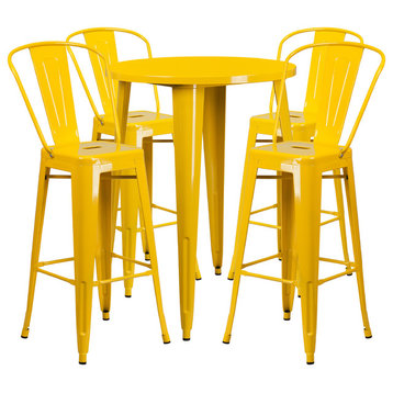 Flash Commercial Grade 30" Round Yellow Metal Bar Table Set & 4 Cafe Stools