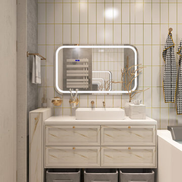 Compact Eclectic Bathroom with a Built-In Jetted Tub