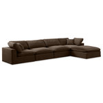 Meridian Furniture - Comfy Upholstered L-Shaped Modular Sectional, Brown, 5-Piece: 2 Armless Chair, 2 Corner Chair, 1 Ottoman, Velvet - Give your space a whole new look with this brown Comfy velvet sectional. This handsome sectional fits nicely with other items in the Comfy collection and is a versatile seating option designed for adaptability, comfort and style. Wrapped in rich brown durable velvet upholstery, this sectional offers a plush embrace of overstuffed down feather cushions, carefully crafted to deliver the highest level of comfort. The perfect seat for creating an oasis for relaxation, this sectional has thick foam surrounding its frame for added support and coziness.