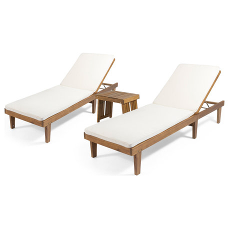 Wells Outdoor Acacia Chaise Lounge Set With Water-Resistant Cushions, Cream