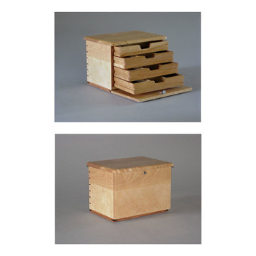 Flame birch jewellery cabinet with African mahogany base